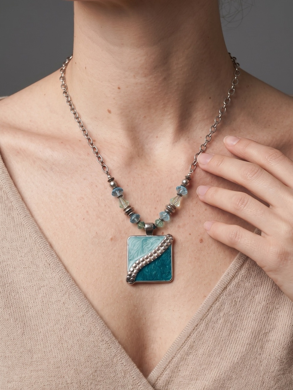 KC Teal Enamel Square Pendant Necklace with Blue and Green Beads